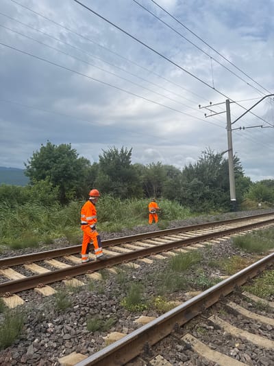 The image shows two individuals in high-visibility orange work attire on a railroad track. The individual in the foreground is walking on the tracks, carrying a tool. The individual in the background is using a string trimmer to clear vegetation. The scene is set in a rural area, with lush green trees and vegetation lining the tracks. Overhead, power lines for the electric railway are visible against a cloudy sky. The location is Kvemo Khvedureti, Georgia.