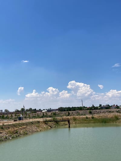 The image depicts a wide, calm body of light green water in the foreground, likely a canal or reservoir. The water surface shows ripples and reflections. A narrow dirt path runs along the left bank of the water, bordered by dry grass and rocks. On the path, there is a small metal structure, possibly a pump house, and a fence line. Further back, there is a small metal footbridge extending over the water. The background reveals a line of trees and buildings, suggesting a semi-urban or rural settlement. In the distance, there are more structures, some appearing to be under construction, with visible brickwork and scaffolding. Utility poles and wires are also present. The sky is a vibrant blue with scattered white cumulus clouds. The overall scene conveys a sense of a sunny, possibly warm day in a developing area of Akbarak, Uzbekistan, characterized by its proximity to water and infrastructure.