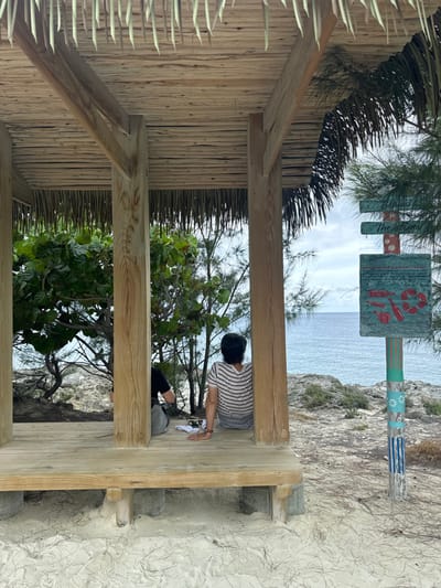 The image displays an open-sided wooden shelter on a sandy and rocky coastline in Berry Islands, Bahamas. The structure features a raised wooden deck supported by timber posts and concrete footings, topped with a thatched roof composed of palm fronds over wooden slats. Two individuals are seated on the deck with their backs to the camera, facing the ocean. The individual on the right wears a light-colored horizontal striped shirt and dark lower garments; a white cloth and a small, dark rectangular object are on the deck near their right arm. The second individual, partially visible to the left, wears a dark shirt.

The background reveals a calm, blue-green ocean extending to the horizon beneath an overcast sky. The immediate terrain surrounding the shelter consists of light-colored sand with organic debris, transitioning to rocky formations and scattered green trees and coastal shrubs. To the right of the shelter, a painted wooden signpost stands. It displays multiple signs, including an upper directional arrow and a lower rectangular sign with text, partially visible as "WHERE DO OUR GLASS BOTTLES GO?", accompanied by red illustrations of glass bottles and a recycling symbol on a blue-green background. The lower section of the signpost is decorated with vertical blue and green stripes and white floral motifs.