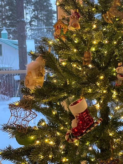 The image depicts an indoor scene in Finskiy Briz, Russia, featuring a decorated Christmas tree in the foreground with a snowy outdoor landscape visible through a window in the background.
The artificial evergreen Christmas tree is densely adorned with numerous warm white LED string lights. Several ornaments are clearly visible: a light brown squirrel wearing a red hat beside a small log cabin ornament, a miniature brown teddy bear, a cream-colored Santa Claus figure with a bell, a wireframe star, a solid green spherical ornament, and a red glittery boot positioned above a red and white candy cane. A white polar bear ornament is partially visible on the right.
Beyond the window, the outdoor environment is characterized by heavy snow covering the ground and the branches of numerous evergreen trees, indicating a winter setting. A single-story house with a light turquoise roof and white siding is discernible in the mid-left background. A wooden fence, partially buried in snow, runs horizontally across the outdoor scene. No individuals are present in the image. The scene is static, capturing a festive interior ambiance against a cold, snowy exterior.
