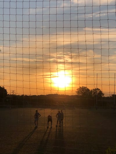 The image depicts an outdoor scene at either sunset or sunrise, viewed through a prominent grid-like net that fills the foreground. The sky is illuminated by a brilliant, low-hanging sun positioned centrally on the right side, casting a strong golden-orange glow across the clouds and horizon. The sky transitions from a lighter blue-grey on the left to intense yellow and orange hues around the sun.

Along the horizon, a dense line of silhouetted trees and foliage is visible. Below the trees, a flat, expansive field or ground area extends, its details obscured by the low light and the net. Three silhouetted figures are positioned on this field, casting long, pronounced shadows that stretch across the ground towards the viewer. Their posture suggests they are standing or casually moving.

The overall atmosphere is warm and tranquil, with the intense natural light highlighting the texture of the net and the silhouettes of the subjects and landscape. No visible text is present. The scene is set in Pozuelo De Alarcón, Spain.