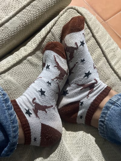The image shows a close-up view of a person's feet wearing white socks with a repeating pattern of brown deer and black stars. The socks have a brown band around the top and at the toe and heel. The person is wearing blue jeans. The feet are resting on a textured, light-colored fabric, possibly a sofa or cushion. The background is out of focus, but appears to be a tiled floor in warm tones. The lighting suggests it is daytime, with sunlight casting shadows. The scene is a personal, indoor setting, likely a home. The image does not contain any elements that would allow for specific identification of the location within the city of Villa de Cura, Venezuela.
