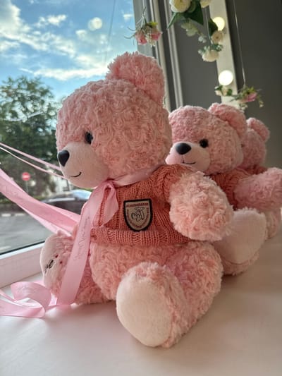 A close-up, eye-level shot showcases three pink teddy bears arranged in a line on a white surface, possibly a windowsill. The bears are plush with curly fur texture. The foremost bear, positioned on the left, is detailed with a pink knitted sweater adorned with a patch that reads "ALimitedEdition" and "bearcreatedbyartis!". A pink ribbon is tied around its neck and drapes across its body, with faint text on the ribbon. The bear faces left, with its black button eye and embroidered smile visible. Behind it, two more pink teddy bears are visible, with the middle bear slightly overlapping the first and the third bear further in the background. The background features a window with a view of a slightly blurred outdoor scene, including green trees and a bright sky with clouds. Artificial pink and white flowers with small lights are suspended from above, framing the scene. The overall lighting is bright and natural, suggesting daytime. The specific location in the city of Arkhangel'sk, Russia, cannot be determined from the visual information provided.