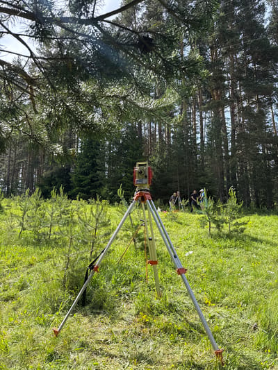 In a sunlit, grassy clearing within a dense pine forest in Yundola, Bulgaria, a surveying instrument, likely a total station, is set up on a tripod. The instrument is red and white with a digital display. In the background, several individuals are engaged in surveying activities, with at least two more tripods visible. The environment is characterized by tall, mature pine trees and younger saplings interspersed with vibrant green grass and scattered yellow wildflowers. The scene captures a moment of outdoor fieldwork.