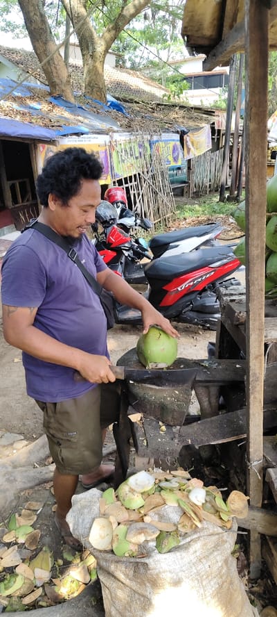 An adult male with dark, curly hair and a beard, wearing a purple t-shirt, dark cargo shorts, and a black shoulder bag, is depicted in Nagrak, Indonesia, preparing a green coconut. He stands outdoors, actively using a large, curved knife with a wooden handle to husk a coconut resting on a thick, dark wooden chopping block. His left hand stabilizes the coconut while his right hand operates the knife. Adjacent to the chopping block, a large, light-colored sack overflows with discarded coconut husks and pulp, with additional husks scattered on the dirt ground around his feet.
In the mid-ground, behind the man, two motorbikes are parked: a red and black Honda Vario and a white and black scooter. Further back, various makeshift stalls with blue tarpaulin roofs and banners featuring Indonesian text and images line the area. A large tree with visible roots and branches provides overhead shade. Beyond the stalls, a multi-story building with a tiled roof and white walls is partially visible under bright daylight conditions. On the far right, a stack of whole green coconuts is partially visible, indicating a supply.