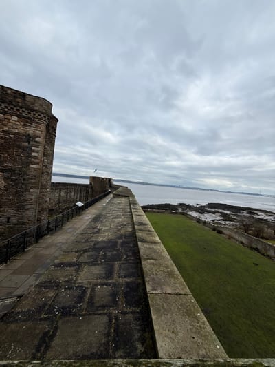 The image depicts an elevated view from Blackness Castle, Blackness, United Kingdom, overlooking the Firth of Forth on an overcast day. In the immediate foreground to the left, a weathered stone pathway composed of large, dark pavers extends diagonally into the distance. This pathway is bordered on the left by a black metal railing and a massive, multi-tiered stone wall section, including a prominent circular tower constructed from irregular brown and grey stones. Two white informational placards are affixed to a lower section of the wall beyond the railing. A small blue flag is visible atop a more distant stone wall. To the right of the pathway, a rough stone parapet borders a sloped, vibrant green grassy area that descends towards the water. Below the grass, a wide, rocky, and muddy foreshore is exposed. The midground features a expansive body of choppy water, the Firth of Forth, under a uniformly grey, cloudy sky. In the far background, distant landmasses and faint grey structures, including what appears to be a suspension bridge on the far right, are visible on the horizon. No individuals, animals, or vehicles are present.