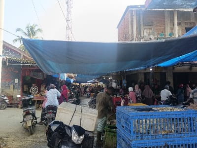 An outdoor market scene in Keudeblangjruen, Indonesia, depicts a bustling environment under a partial canopy of dark blue and lighter blue tarpaulins. The ground is a mix of dirt and possibly wet patches.

Approximately 20-30 individuals are visible, predominantly adults, engaged in various market activities. Many women wear hijabs or head coverings. In the foreground, a dark-colored scooter is parked facing the camera, with a white cooler box strapped to its rear. Directly behind it, a white-shirted man rides another scooter, carrying a passenger (partially obscured) on the back, facing away from the camera. To the left, a white utility pole stands, and a building with a dark roofline and an indecipherable red and white sign on its wall is visible.

In the center-right foreground, a man in a green/khaki shirt and light-colored pants stands near two stacked blue plastic crates, the upper one containing numerous light-colored live chicks. The ground around him appears wet. Further into the scene, numerous people navigate between stalls.

Overhead, a tall cellular tower is visible against a bright, clear sky on the left. On the upper right, a two-story brick and concrete building with window grates rises above the market canopy. Market stalls line both sides of the visible thoroughfare, with various goods present, though specific details are indistinct due to distance and focus. Motorcycles are interspersed throughout the market space, both parked and in motion.