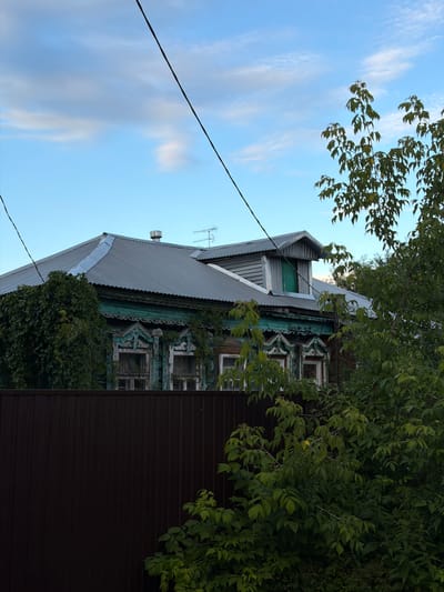 This image captures a vertical view of an old wooden house in Zimyonki, Russia. The house features ornate, carved wooden decorations above the windows, painted in a faded teal and white. The roof is made of corrugated metal, and a chimney is visible on the left side, along with an antenna. Dense green foliage, likely from trees or vines, covers parts of the house and frames the scene, suggesting a warm season. The sky above is a clear blue with some wispy white clouds. A dark power line stretches diagonally across the frame, from the upper left to the lower center. The overall impression is one of rustic charm and age, with the natural elements interacting with the man-made structure. The lighting suggests it is daytime, likely afternoon or early evening. There is no visible text in the image.