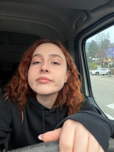 A young adult female with auburn, wavy hair and a neutral expression is captured in a selfie within the interior of a vehicle, located in Plaine, France. She has a light complexion, light eye makeup, and light-colored lipstick. A small silver stud earring is visible in her right ear. She is wearing a black hooded sweatshirt. Her right hand, featuring nails with white tips, is visible in the lower right, resting on a dark, flat surface, possibly a dashboard or door frame.
The vehicle's interior shows a light gray headliner and a hand grip above the passenger-side door frame. Outside the vehicle's window, a view of Plaine, France, reveals a street or parking area with a white Lexus SUV parked on a paved surface. The background consists of rolling hills covered with a mix of deciduous trees, some bare, and evergreens. Architectural elements include a multi-story building with a distinctive purple upper section, alongside other structures in various shades of brown and beige. Patches of yellow flowering bushes are visible near the buildings. The sky is overcast.