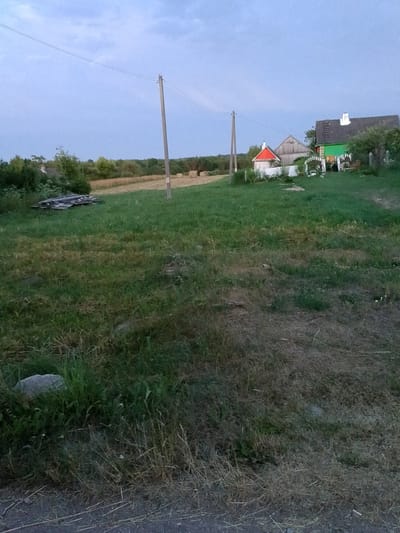 The image depicts a rural landscape with a few buildings and vegetation, set against a twilight sky. In the foreground, a grassy area with some dry straw and a large rock is visible. Further back, there is a mown field with several round hay bales. A wooden utility pole with wires runs across the scene. To the right, a cluster of buildings is situated, including a green-colored house with a white chimney and a smaller house with a red roof. The overall scene suggests a quiet evening in a rural area, likely in the countryside.