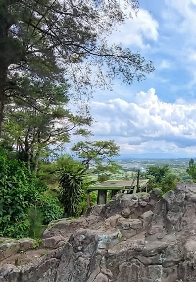 The image captures a panoramic view of Gundaling 2, Indonesia, from a rocky vantage point. In the foreground, a textured, grey rocky outcrop dominates the lower portion of the frame. Beyond this, lush green foliage, including a large leafy plant and dense bushes, cascades down the hillside. Further into the midground, an abandoned, rustic wooden structure with a green-tiled roof sits on stilts, suggesting a former observation deck or shelter. A leaning wooden plank leans against the structure, indicating disrepair.
The background reveals a sprawling landscape of rolling green hills and fields, dotted with scattered trees. In the distance, a hazy, mountainous horizon stretches across the frame, hinting at the vastness of the region. The sky above is a vibrant blue, punctuated by large, fluffy white clouds, creating a dynamic and scenic backdrop. The overall scene evokes a sense of natural beauty and serene, albeit somewhat neglected, rural tranquility. There are no people or animals visible in the image.