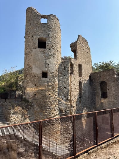 The image shows the ruins of a stone castle on a hillside under a clear blue sky. In the foreground, there is a rusted metal fence with a mesh pattern. Behind the fence, a stone staircase leads upwards towards the castle ruins. The castle itself is in disrepair, with crumbling walls and empty window openings. A cylindrical tower stands prominently on the left, its top section broken. Adjacent to the tower are sections of the castle's main structure, also showing significant decay. Vegetation, including trees and shrubs, grows around the ruins and on the hillside. The scene appears to be a historical site, likely open to visitors, as indicated by the presence of the fence and stairs. The location is the Doria Castle in Dolceacqua, Italy.
