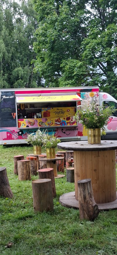 This is a vertical, eye-level, full-shot photograph of a food truck named "Viss Tas" parked on a grassy area in the city of Viljandi, Estonia. The food truck is brightly decorated with pink and yellow accents and features cartoon-style illustrations of food items like burgers and fried chicken. A menu is visible on the side of the truck. In front of the food truck, there are several rustic seating arrangements made from wooden tree stumps and large wooden spools, with two golden vases filled with wildflowers placed on a spool table. The background consists of lush green trees, suggesting an outdoor, possibly park-like, setting. The lighting appears to be natural daylight, and the overall atmosphere is casual and inviting. There are no people visible in the image.