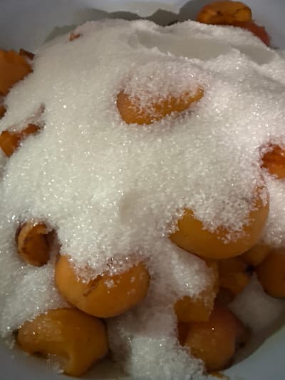 A close-up overhead shot shows pitted apricots covered in granulated sugar in a white bowl. The apricots are various shades of orange and yellow. The sugar is piled high, obscuring most of the fruit, but glimpses of the apricots can be seen through and under the sugar. The lighting is bright, causing the sugar to sparkle in places. There are no people visible in the image. The location of Большие Озерки, Russia, is not depicted or suggested by the image.