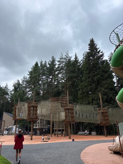 The image depicts a modern outdoor adventure playground situated in Павловская Слобода, Russia, under an overcast sky. The foreground features a woman in a red coat and a hat walking away from the camera on a grey, gravel path. To her left, a green lawn is visible. The central area of the playground is a large, multi-level rope and wooden structure resembling a ship's rigging, with netting and wooden platforms. An orange-colored soft surface covers the ground within this area. Further back, a small child is standing near a green bicycle. In the background, a dense forest of pine trees forms a natural backdrop. To the left of the playground structure, a modern building with a glass dome is visible. To the right, portions of a light-colored, curved playground slide are in view. Several other children and adults are sparsely scattered throughout the playground area, with some sitting on benches.