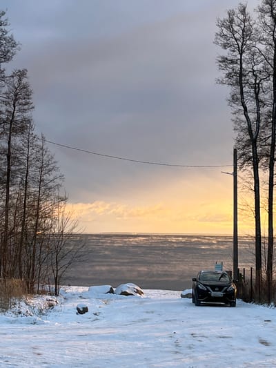 The scene depicts a snowy winter landscape at Finskiy Briz, Russia, during what appears to be either sunrise or sunset. The sky transitions from an overcast grey overhead to a bright yellow-orange glow at the horizon, illuminating a wide body of water in the midground. Mist or fog is actively rising from the surface of the dark, calm water. The foreground is covered with a uniform layer of white snow, with a track or path leading towards the water.
Bare, leafless deciduous trees with dark trunks and branches frame the image on both the left and right sides. On the right side of the snowy path, a black Nissan SUV is parked, angled slightly towards the viewer. The vehicle displays Russian license plate 'В156МН 178' and has its front windshield wipers in the raised position. Immediately to the right of the parked vehicle stands a dark utility pole with a small, angled light fixture mounted near its top. A single dark wire spans horizontally across the upper midground, connecting the trees on the left to the utility pole on the right. Several large rocks, partially covered in snow, are visible along the snowy bank near the water's edge on the left side of the frame. No individuals are present within the scene.