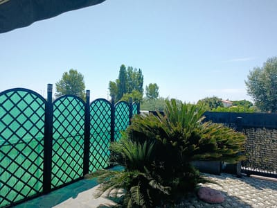 The image depicts an outdoor scene under a clear blue sky. In the foreground, a large, bushy palm-like plant is positioned to the right, casting a shadow on the patterned grey concrete ground. To the left, a fence constructed from black metal posts and supports encloses sections of green mesh with a diamond pattern. This fence extends towards the background and appears to form a boundary. In the distance, various trees with lush green foliage are visible, interspersed with some structures, including what appears to be a red-tiled roof. A darker, solid fence is situated behind the green mesh fence. The overall impression is that of a residential or garden area. There are no people visible in the image. The location is described as being in Rimini, Italy.