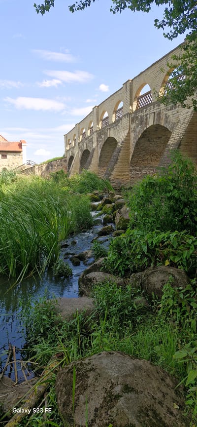 The image shows the historic aqueduct in the city of Pakruojis, Lithuania, under a bright blue sky with scattered clouds. The aqueduct, constructed of light-colored bricks, features a series of arches with decorative railings. To the left of the aqueduct, a building with a red-tiled roof is partially visible. In the foreground, a stream flows over moss-covered rocks, bordered by lush green reeds and other vegetation. The water in the stream is dark and reflects the surrounding greenery. The scene captures a serene natural setting with a prominent historical structure.