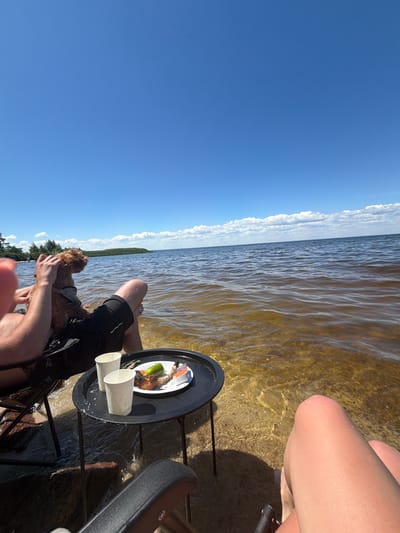 In Lyutizh, Ukraine, two individuals are seated in chairs by the water's edge on a sunny day. One person has a dog resting on their lap, and both are looking out at the expansive lake. In front of them, a small black table holds a plate with food and two white cups. The clear water allows visibility of the sandy bottom, with waves gently lapping at the shore. The sky is a vibrant blue, dotted with fluffy white clouds.