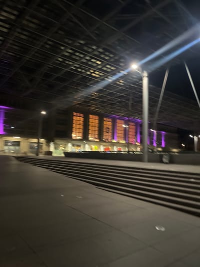 The image displays the illuminated plaza of the Gare d'Amiens train station in Amiens, France, captured at night. Overhead, a large, open-truss canopy structure, likely constructed of glass and metal, reveals its intricate framework against the dark sky, with integrated lights casting visible beams. In the background, the multi-story station building features a series of tall, arched windows emanating an amber interior light, while specific sections of its exterior are bathed in vivid purple architectural lighting. The foreground is composed of a broad, paved plaza from which a significant diagonal expanse of wide, dark steps ascends from the left-center towards the right. A tall, slender grey lamppost, emitting bright light, is positioned in the right mid-ground. The scene is devoid of any individuals or discernible activity.