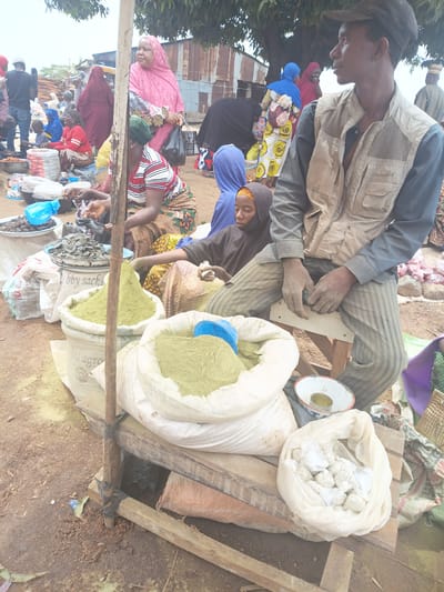 This is an outdoor scene at a market in Tilde, Nigeria. A group of people, mostly women, are seen selling goods. In the foreground, a man wearing a light-colored vest over a blue shirt and striped pants is seated, looking to his right. Beside him, a large white sack filled with light green powder is prominently displayed. Another similar sack of powder is visible to the right, with a blue plastic scoop resting on top. To the left of these sacks, a plate of dark, round objects, possibly dates or similar fruit, is also present. In the background, several women are seen in traditional attire, some tending to their stalls, which appear to be made of wood and metal sheeting. The ground is dirt, and scattered debris is visible. The overall atmosphere suggests a busy marketplace.