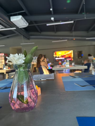 The image shows a close-up of a decorative glass vase on a table, with a single white flower and green leaves inside. The vase has a faceted design and a pinkish hue. A small white candle is visible behind the vase, emitting a soft glow. The table is covered with a dark grey surface, and in the foreground, there are blue placemats and cutlery. In the background, there are out-of-focus elements of a restaurant or bar setting, including people, screens displaying colorful content, and industrial-style ceiling structures with lighting. One person is visible in the middle ground, facing away from the camera, with long brown hair. The overall impression is that of a dimly lit, modern interior, possibly during an evening gathering or meal. The location context indicates Danilovka, Altai Krai, Russia.