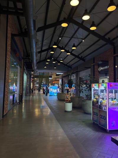 A long, narrow shopping mall aisle stretches into the distance. The aisle is paved with smooth gray tiles and features stores on both sides, reflecting light. The mall's ceiling is high and crisscrossed with metal beams and evenly spaced lights. There are claw machines and plants at the end of the aisle, providing a sense of depth and scale.