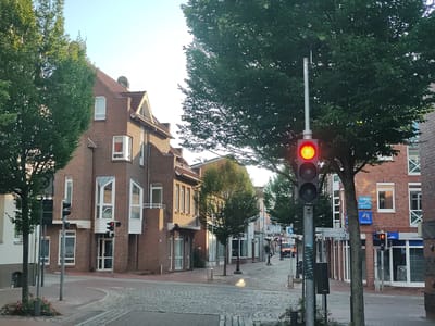 The image depicts a street scene in Oldenburg in Holstein, Germany. The street is paved with cobblestones and lined with brick buildings on both sides. Trees with green foliage are scattered along the street, providing shade. A traffic light in the foreground shows a red signal, indicating that traffic should stop. Several vehicles, including a van, are visible on the street in the distance. Pedestrian crossings and road signs are also present. The buildings feature traditional architecture with red brick facades and white-framed windows. The sky is clear and blue, suggesting it is daytime. The overall atmosphere is one of a quiet, European town on a sunny day.