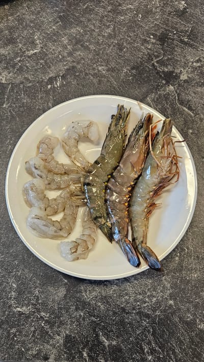 A white, round plate, centered on a dark, mottled surface, holds a selection of raw shrimp. On the upper half of the plate, three whole, unpeeled shrimp are visible, characterized by their grey-green bodies, dark banding, and intact heads with long antennae. Below these, approximately six to seven peeled and deveined shrimp tails are arranged, appearing translucent white with subtle pinkish tones. The shrimp are uncooked and appear fresh, likely prepared for a meal. The background surface is a dark, grayish-black with irregular lighter patterns, resembling a stone countertop. There are no people, visible activities, specific time of day indicators, or discernible text in the image. While the location context is Philippeville, Belgium, no visual cues within the image confirm this.