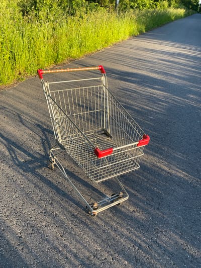 This media file shows a shopping cart lying on its side on an asphalt surface next to a grassy area. The shopping cart is made of metal wire and has red plastic handles. Its wheels are visible. Long shadows are cast across the asphalt, suggesting it is either early morning or late afternoon. The sun is shining, creating a bright, somewhat warm lighting effect. The grassy area appears lush and green, with some taller blades of grass. In the background, there is foliage, possibly trees or bushes. There is no visible text in the image. The scene appears to be outdoors in a quiet, possibly rural or suburban area, given the presence of the shopping cart and the natural elements. The activity taking place is none, as the shopping cart is stationary and abandoned. There are no people or animals visible. The overall mood is one of stillness and perhaps a touch of abandonment. The location context of Гостцы, Russia, adds a geographical detail to the setting.