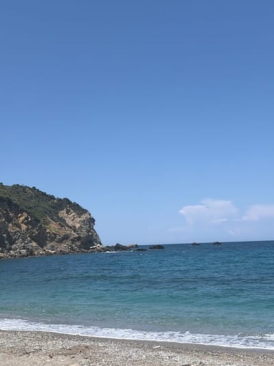 The image depicts a scenic view of a pebble beach meeting the clear turquoise waters of the Aegean Sea, with a rugged, green-covered cliff rising from the sea on the left. The sky is a clear, vibrant blue with a few wispy clouds scattered in the distance. The shoreline features a mix of small stones and sand, with gentle waves lapping at the shore, creating a foamy white border. Several dark, rocky outcrops are visible in the sea, adding to the dramatic coastal landscape. The cliff face is characterized by its rocky texture and sparse vegetation, with trees dotting the top. This vista is typical of the natural beauty found in many coastal areas of Skiathos, Greece.