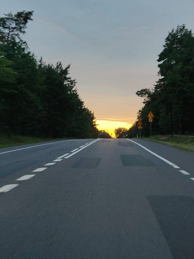 The image shows a road bordered by trees on both sides. The sky is overcast with a gradient of colors suggesting either sunrise or sunset, with a bright orange glow in the distance. There are white lane markings on the asphalt road, with dashed lines indicating a passing zone and a solid white line marking the edge of the lane. Several yellow traffic signs with black symbols are visible on the right side of the road, indicating a hazard or warning. The environment appears to be a rural or semi-rural area, potentially on the outskirts of Rajszew, Poland, given the foliage and the general landscape. There are no people or vehicles visible in the image. The overall scene conveys a sense of a journey or passage through a natural landscape.