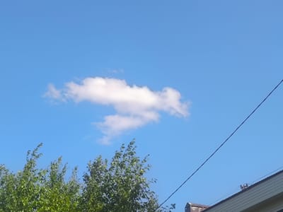 The image shows a clear blue sky with a few scattered white clouds. In the foreground, there are green trees with lush foliage. A dark power line stretches diagonally across the sky. In the lower right corner, the roof of a building is visible, with siding and some electrical equipment. The scene appears to be outdoors, possibly in a residential area in the city of Abay, Kazakhstan, given the context.