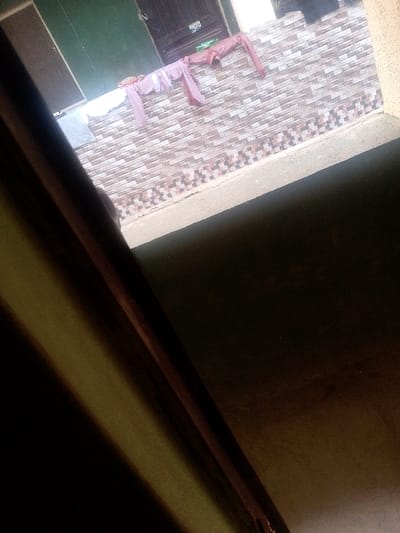 Laundry hangs on a line outside a window, against a brick and tile facade. A muted green wall is visible.  The perspective is from inside, with a partially visible wooden frame in the foreground, obscuring the view. The image is dark and has poor lighting.