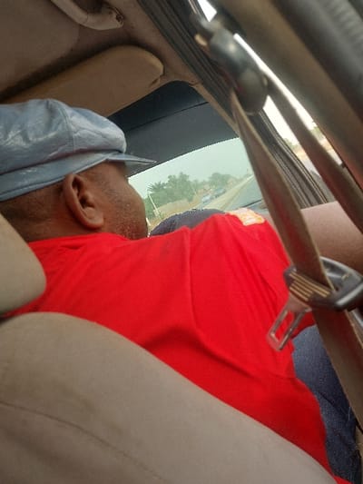 Inside a car, a passenger sleeps. They are seated with a beige seat and wear a bright red shirt and a blue baseball cap. A seatbelt crosses the chest of the individual. Outside the window, green foliage and a light-colored building can be seen. The interior of the car appears tan or beige. The picture is taken from a low angle, looking up towards the passenger and the roof of the car.