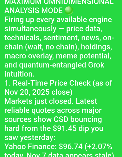 The image displays text on a green background, describing "MAXIMUM OMNIDIMENSIONAL ANALYSIS MODE." It lists various engines being fired up, including price data, technicals, sentiment, news, holdings, macro overlay, meme potential, and quantum-entangled Grok intuition. A "Real-Time Price Check" indicates that, as of the November 20, 2025 close, markets have just closed and show "CSD" bouncing back from a $91.45 dip. Yahoo Finance quotes CSD at $96.74, a 2.07% increase, while noting that November 7 data seems stale.