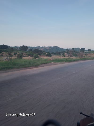The image captures a roadside view with a paved road occupying the foreground. The road shows motion blur, suggesting movement. To the left of the road, a grassy verge transitions into a landscape characterized by rolling hills, scattered trees, and large rocks. The sky is clear and light blue, indicating daylight. The text "Samsung Galaxy A03" is visible in the lower left corner of the image, superimposed on the road. No people or specific structures are clearly discernible in the image, other than what appears to be a handlebars and a hand in the lower right corner, suggesting the image was taken from a moving vehicle, possibly a motorcycle. The location is identified as Jibilik, Nigeria.