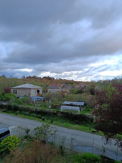 The image shows a residential area in the city of Eshyra, Abkhazia, on a cloudy day. In the foreground, a paved road runs horizontally across the lower portion of the frame, bordered by overgrown vegetation and fences. A dark-colored vehicle is partially visible on the left. Beyond the road, a cluster of houses with metal roofs are interspersed among trees and gardens. The architectural style of the houses appears simple and utilitarian, with some displaying visible signs of age or disrepair. Overhanging the residential area is a hill in the mid-ground, topped with dense trees and bushes. The sky is overcast with thick, grey clouds, suggesting inclement weather. Powerlines are visible strung across the scene. The overall impression is one of a rural or semi-rural landscape on a dull day.