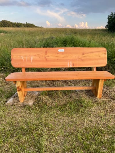 A wooden bench sits in a grassy field under a cloudy sky. The bench is made of unfinished light-colored wood and has a straight backrest and a long seat. A small metal plaque is attached to the backrest. The field is filled with tall grass and wildflowers, and a line of trees can be seen in the distance. The sun is setting, casting a warm glow over the scene. This scene is located in the city of Wiera, Germany.