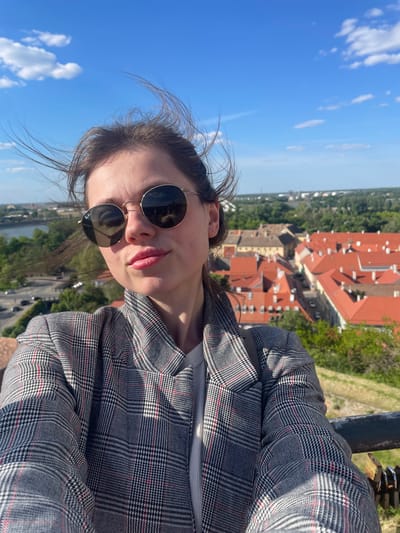 A woman takes a selfie overlooking Petrovaradin, Serbia. She has brown hair and is wearing round sunglasses and a grey plaid blazer. The background features red rooftops, green trees, a river, and a blue sky with clouds.