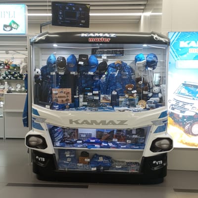 The image shows a store display in Naberezhnye Chelny, Russia, featuring merchandise related to KAMAZ trucks. The display is designed to resemble the front of a KAMAZ truck, complete with headlights and a grille. Inside the display, various items such as hats, jackets, t-shirts, and model trucks are arranged on shelves. The merchandise is predominantly blue and white, the corporate colors of KAMAZ. Logos for KAMAZ and VTB Bank are visible on the products and the display itself. In the background, there are other store shelves with additional merchandise, and a large poster of a KAMAZ truck. A television screen is mounted above the display, showing what appears to be a dashboard or informational graphic. The environment is well-lit, suggesting an indoor retail space. There are no people visible in the image.