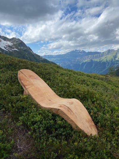 This detailed image captures an expansive mountainous landscape in Innertkirchen, Switzerland, under a dynamic sky. The central subject is an elongated, light-colored wooden bench, carved from a single piece of wood into an ergonomic, wave-like S-shape. The bench is positioned diagonally from the bottom-left to the middle-right of the frame, resting directly on a dense carpet of vibrant green, low-lying alpine shrubs, possibly blueberry bushes, which cover the undulating foreground. The wood exhibits distinct grain patterns, and a prominent crack runs lengthwise near the top of the bench.

The immediate ground around the bench, particularly in the lower-left, shows patches of drier, darker vegetation and exposed soil. Beyond the green expanse of the foreground, a series of mountain ranges extends into the distance. The closest mountains, visible on the left, are rugged and rocky, featuring distinct patches of white snow against dark grey rock, with green vegetation covering their lower slopes.

Further into the background, successive layers of mountains appear, diminishing in clarity and shifting to bluer hues due to atmospheric perspective. Some of these distant peaks also display snow or lighter rock faces, and deep, forested valleys are discernible between the ranges. The sky overhead is partly cloudy, characterized by large, bright white cumulus clouds interspersed with darker grey clouds, allowing glimpses of clear blue sky in various sections. The scene is illuminated by natural daylight, and no individuals or animals are present.