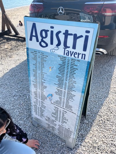 The image shows a sign for "Agistri Tavern" in Limenaria, Greece (coordinates: 40.626, 24.569). The sign is white with blue lettering and displays a menu of food and drinks. The sign is located on a gravel pathway. A woman is crouched on the ground in the lower left corner of the image. A black car is partially visible in the upper right corner, with a "4MATIC" logo on the rear bumper. The sign is slightly tilted and partially obscured by the car. The sign is lit by sunlight, and the gravel path is visible in the foreground and background. The menu lists a wide variety of dishes, including appetizers, salads, pita, grilled, fried, and seafood. There is also a section for soft drinks and wine. The environment is likely a restaurant or tavern area. The woman is looking down at the ground and appears to be reading the menu.