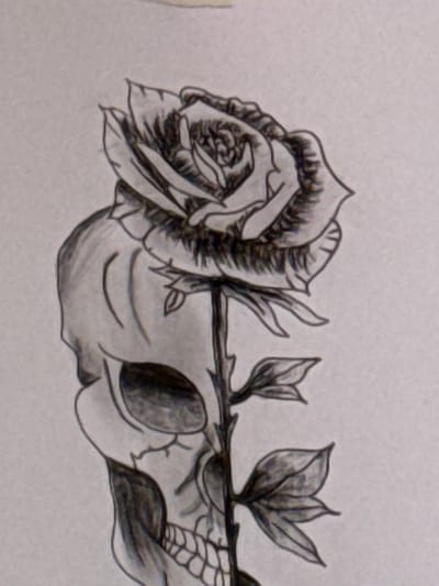 This close-up image, originating from Lüneburg, Germany, displays a detailed grayscale drawing on a light-colored paper surface, possibly a sketchpad. The primary subjects are a rose and a stylized skull-like element integrated into its stem.
The drawing depicts a fully bloomed rose on the left, rendered with intricate petals and extensive shading that gives it depth and texture. The stem extends horizontally to the right, adorned with several small, spiky thorns and multiple leaves, also shaded to suggest form. Intertwined with or forming part of the stem, particularly towards the right side, is a skull-like structure. This element features distinct eye sockets and cheekbone contours, suggesting a subtle, almost organic fusion with the botanical elements. The composition creates a thematic juxtaposition of life (rose) and mortality (skull).
No specific activity or event is taking place; the image is a static capture of the artwork. Notable details include the delicate line work and the use of varying shades of gray to create highlights and shadows throughout the drawing, giving it a realistic yet artistic quality. The paper itself shows a faint texture. The setting is likely indoors, given the plain, out-of-focus background. There is no visible text within the drawing or the image frame. The overall impression evokes a contemplative or melancholic emotion due to the blend of beauty and the macabre.