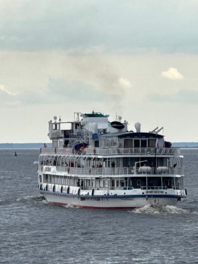 A multi-decked white riverboat, identified by lettering on its hull as "КРИНИЦИН", travels across choppy gray water under an overcast sky. The vessel has several enclosed decks with numerous windows, as well as open-air balconies. People can be seen on the balconies and in the windows. A plume of smoke emits from the boat's upper structure. In the distance, a small black buoy and a hazy shoreline are visible. The scene is located in Ikskoe Ust'e, Russia.