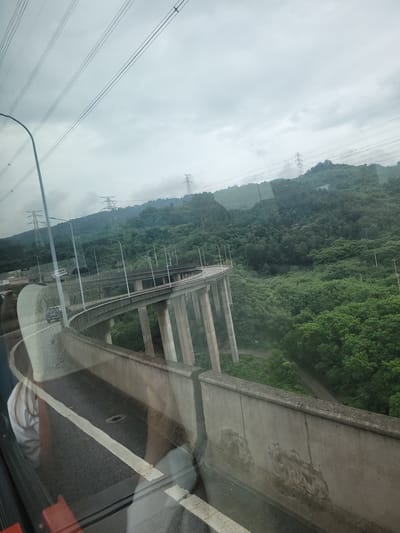 The image captures a highway overpass winding through a lush, green, mountainous landscape, characteristic of Yufengshan, China. The sky is overcast, casting a diffused light over the scene. The overpass, constructed with concrete pillars, is elevated above dense vegetation that covers the surrounding hills. Multiple power transmission towers and overhead power lines are visible against the sky and on the hillsides, indicating the presence of significant electrical infrastructure. The perspective is from within a vehicle, with reflections on the window obscuring parts of the view, particularly on the left side where a person's shoulder and head are visible, along with a portion of a car's interior. Traffic, including cars and potentially trucks, can be seen on the road surface of the overpass. The concrete barriers along the road show signs of weathering and damage.