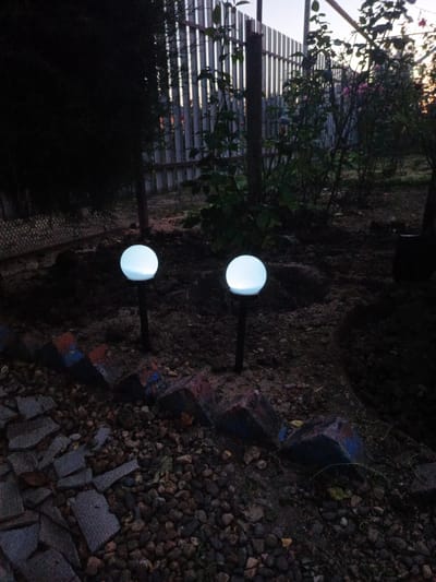 This is a medium-shot, eye-level photograph taken outdoors in what appears to be a garden or backyard setting. The time of day is likely dusk, given the fading light in the sky and the illuminated garden lights. The foreground features a border of decorative stones and broken concrete pieces, some of which are painted with blue and red accents.
The main subjects are two illuminated garden lights, spherical in shape with a white glow, each mounted on a dark stake. They are positioned on the dark, tilled soil. Behind the lights, a vertical wooden fence with a corrugated metal top runs horizontally across the middle ground. To the left of the fence, a dense, dark-leaved shrub or tree is visible. To the right of the fence, several rose bushes with some pink blossoms can be seen, along with other green foliage. The overall mood is serene and peaceful, highlighted by the gentle illumination of the garden lights against the darkening environment. There is no visible text in the image. The location is identified as Staronizhestebliyevskaya, Russia.
