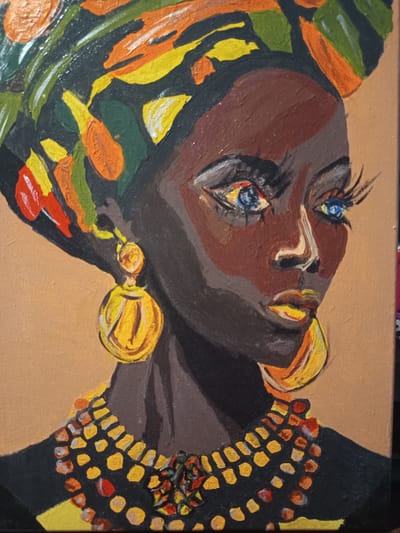This is a painting of a woman wearing a colorful headwrap, large golden earrings, and a beaded necklace. She has dark skin, bright blue eyes, and red and yellow lips. The background is a solid tan color. There is no visible information about the location in the city of Чэрвеньскі сельскі Савет, Belarus.