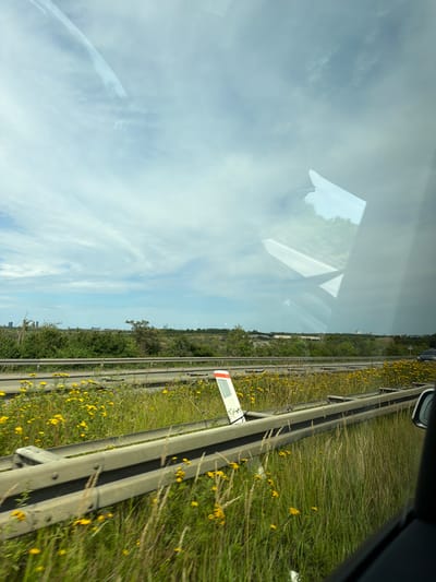 The image depicts a view from inside a vehicle traveling along a highway, likely in or near Vallensbæk Landsby, Denmark, indicated by the distinct cloud formations and the flat landscape with low-lying vegetation and distant urban structures that are characteristic of the area. The foreground is dominated by a metal guardrail, overgrown with tall, green grass and dotted with numerous small yellow flowers. To the left of the guardrail, a white and red marker post is visible. Beyond the guardrail, another lane of the highway can be seen, also bordered by similar grassy verges and yellow wildflowers. In the mid-ground, a dense line of green trees forms a visual barrier, and beyond that, a hazy skyline with several buildings is discernible, suggesting the presence of a town or city. The sky above is filled with a mixture of white clouds and patches of blue, with significant reflections of the interior of the vehicle, including a portion of the car's roof and possibly a dashboard element, visible on the windshield. The overall impression is one of a rural or semi-rural highway scene on a bright, cloudy day.