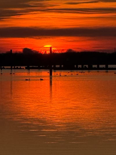 This image captures a sunset over a body of water in Broadland, United Kingdom. The sky is dominated by vibrant orange and red hues, with dark horizontal cloud bands visible above. The bright, yellow-orange disc of the setting sun is positioned just above the horizon line, partially obscured by a dark silhouette of trees and indistinct structures. A long, dark horizontal structure, consistent with a pier or line of pilings, stretches across the mid-ground, extending over the water. A single prominent dark vertical post rises from the water in the lower-mid section, casting a distinct, elongated reflection directly below it. The water surface, exhibiting subtle ripples, reflects the intense orange and red colors of the sky. Approximately twelve to fifteen dark-silhouetted waterfowl are visible dispersed across the water, with two more clearly defined figures located in the left-mid portion of the frame. No human subjects are present.